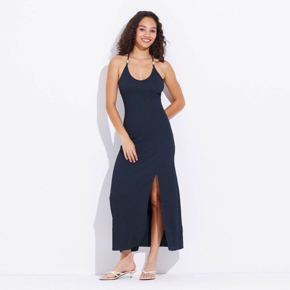 Women's Beaded Halter Maxi Dress Navy Blue S